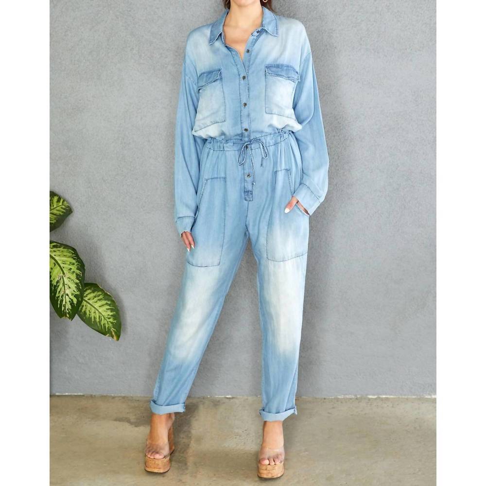 NEW VENTI6 front box pocket long sleeve jumpsuit in chambray